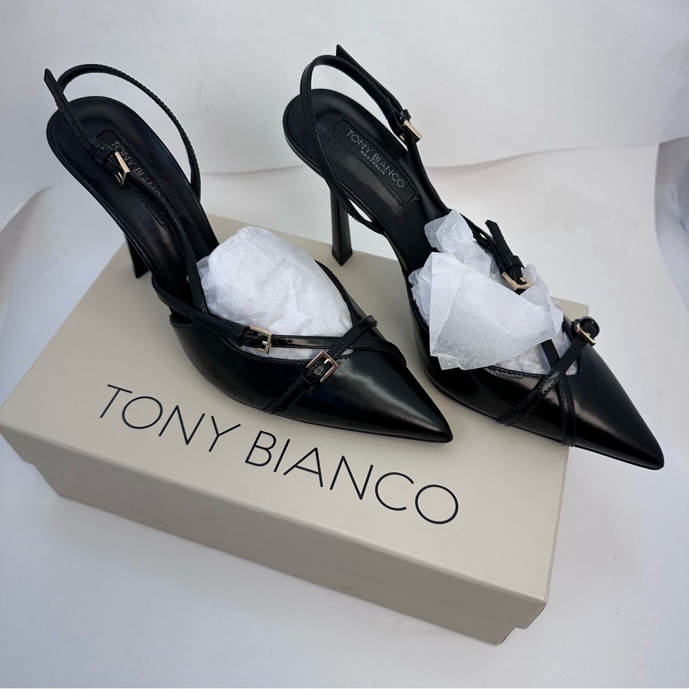 Tony Bianco Garda Sling Back in Black Hi Shine leather pointed toe high heel - Picture 3 of 10